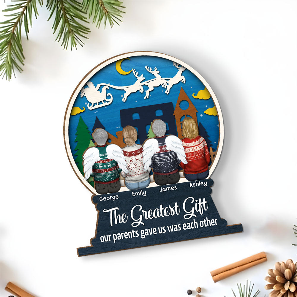 Sibling Snowglobe - Personalized Custom 2-Layer Wood Plaque With Flat Base
