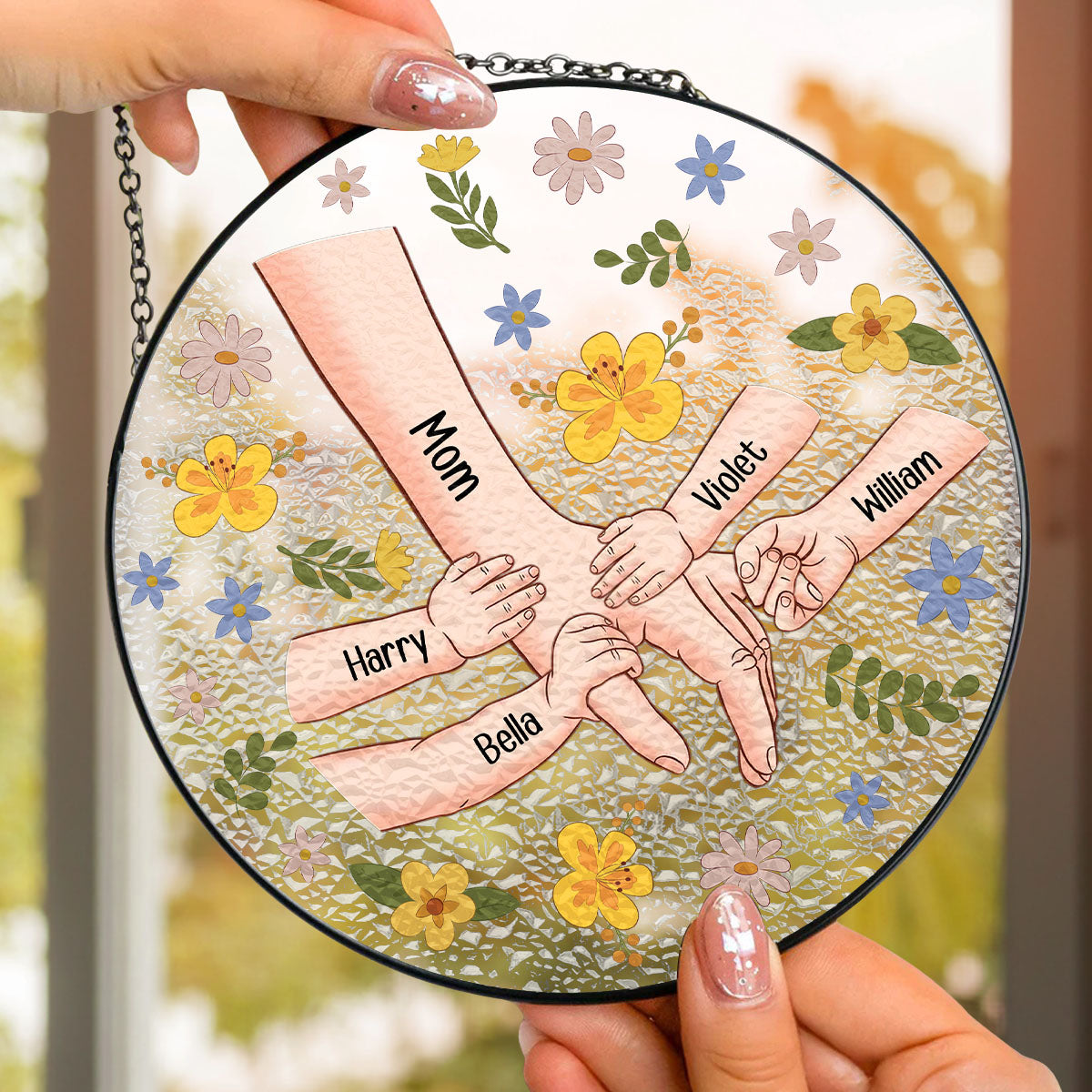 Mom Hold My Hand Also My Heart - Personalized Custom Window Hanging Suncatcher