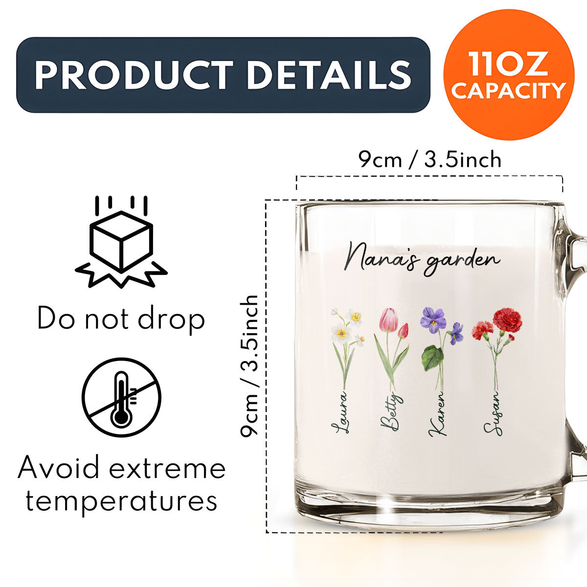 Grandmas Garden With Birth Month Flowers - Personalized Custom Glass Mug