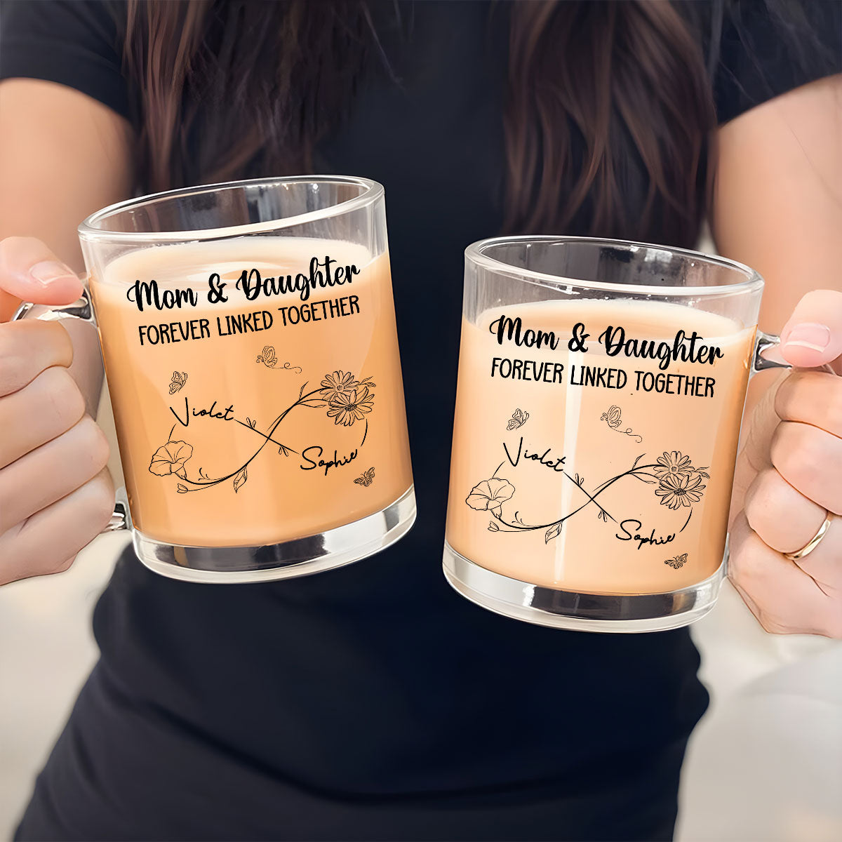 Mom And Daughter Forever Linked Together -  Personalized Custom Glass Mug