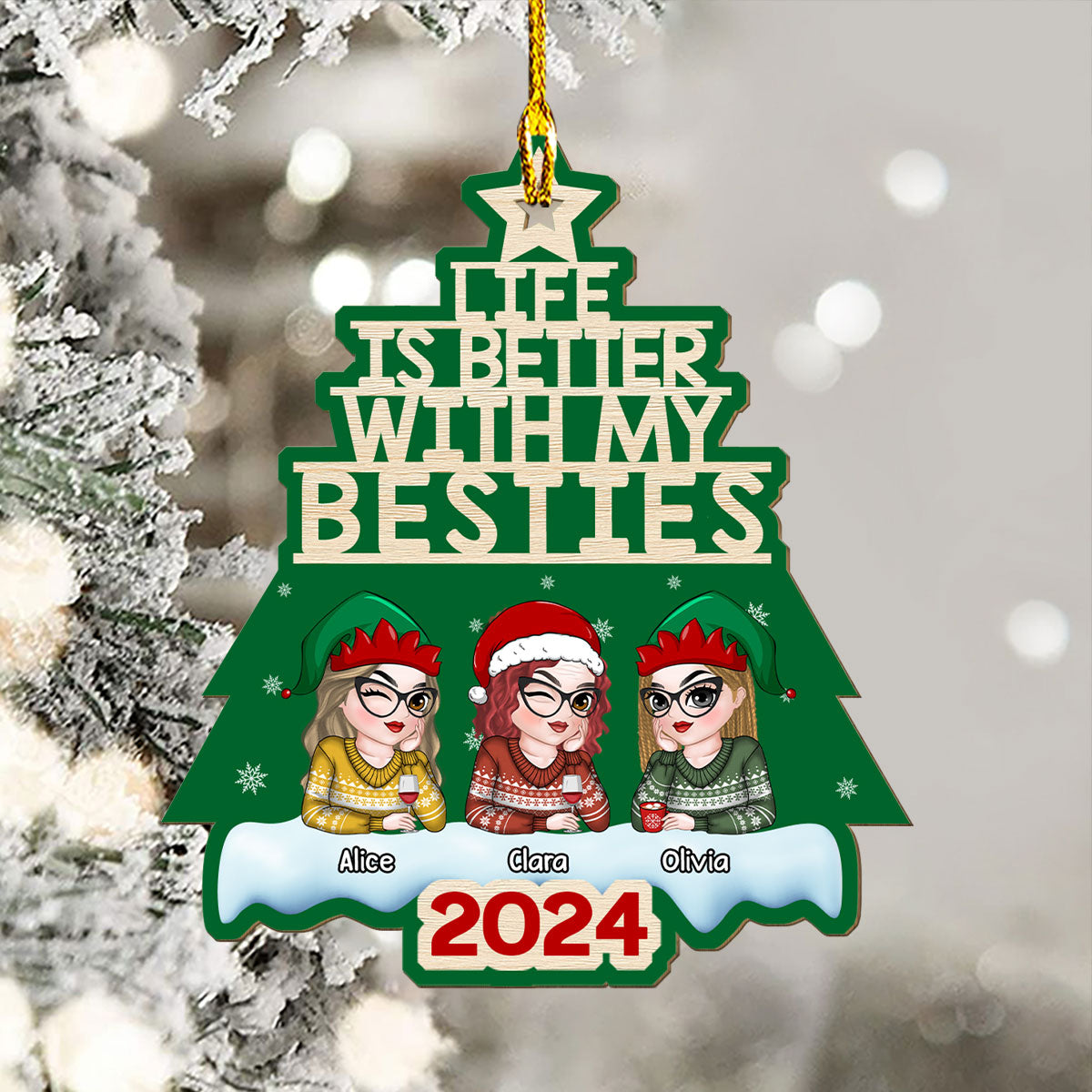 Besties Christmas Tree - Personalized Custom Wood Ornament