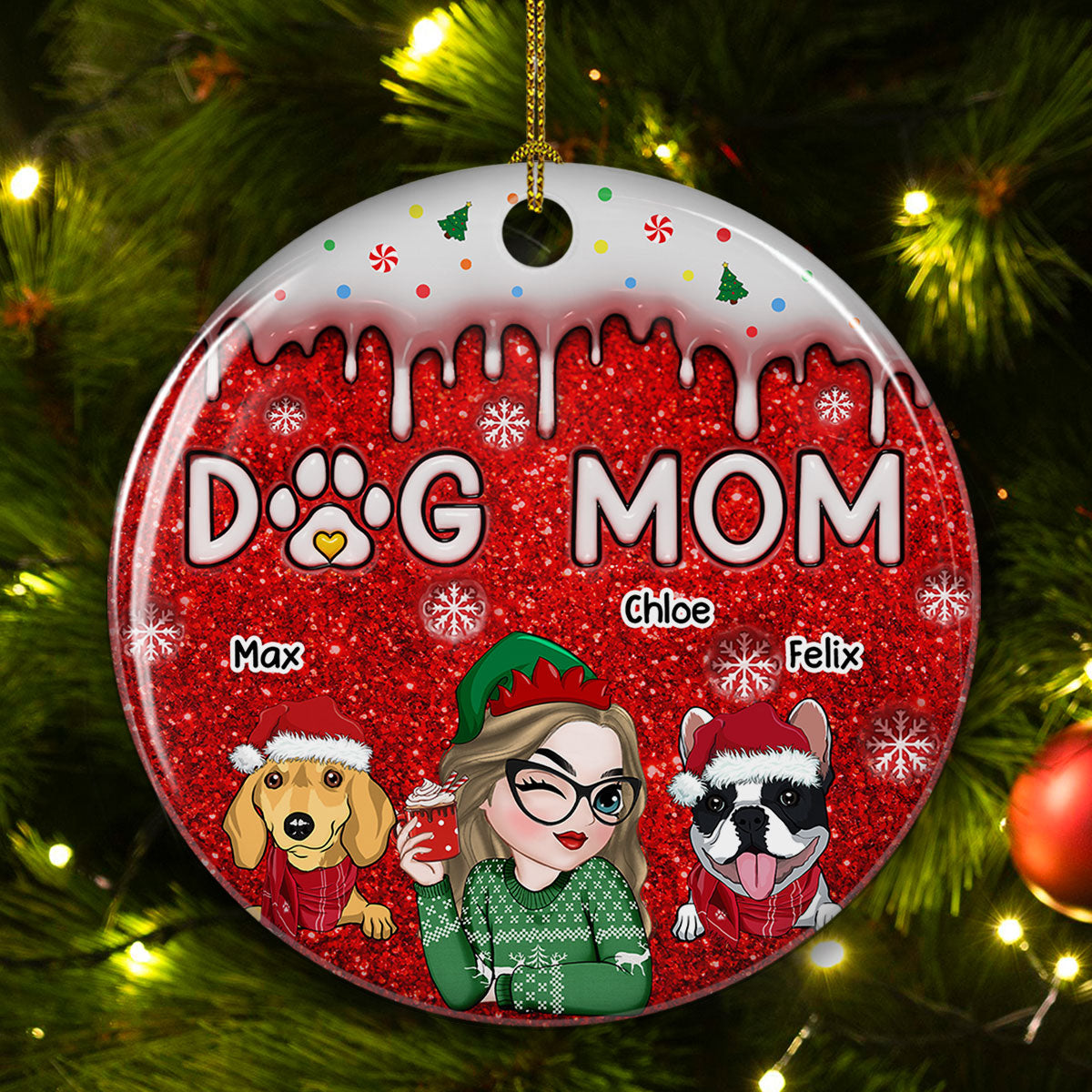 Christmas Dog Mom - Personalized Custom 3D Inflated Effect Ceramic Ornament