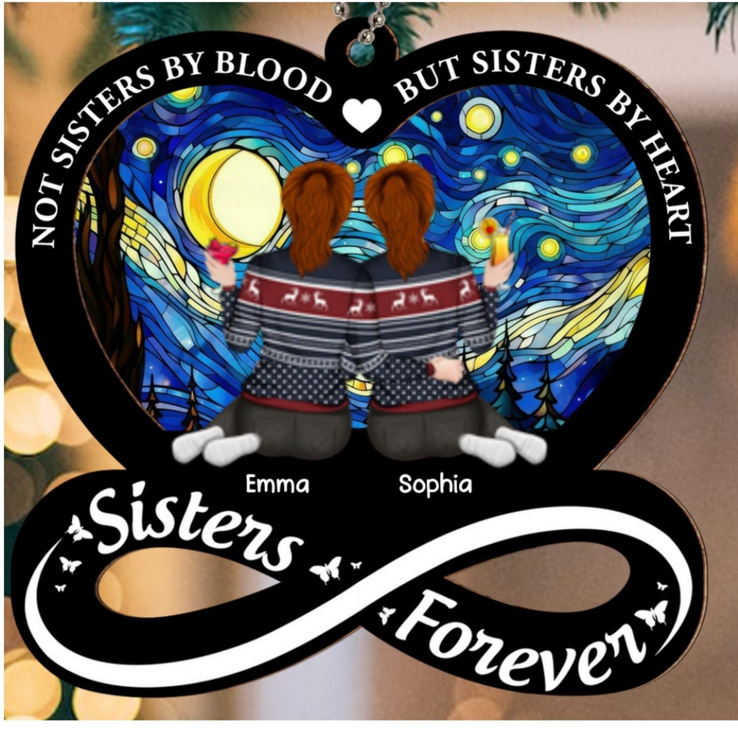 Not Sisters By Blood But Sisters By Heart - Personalized Custom Suncatcher Ornament