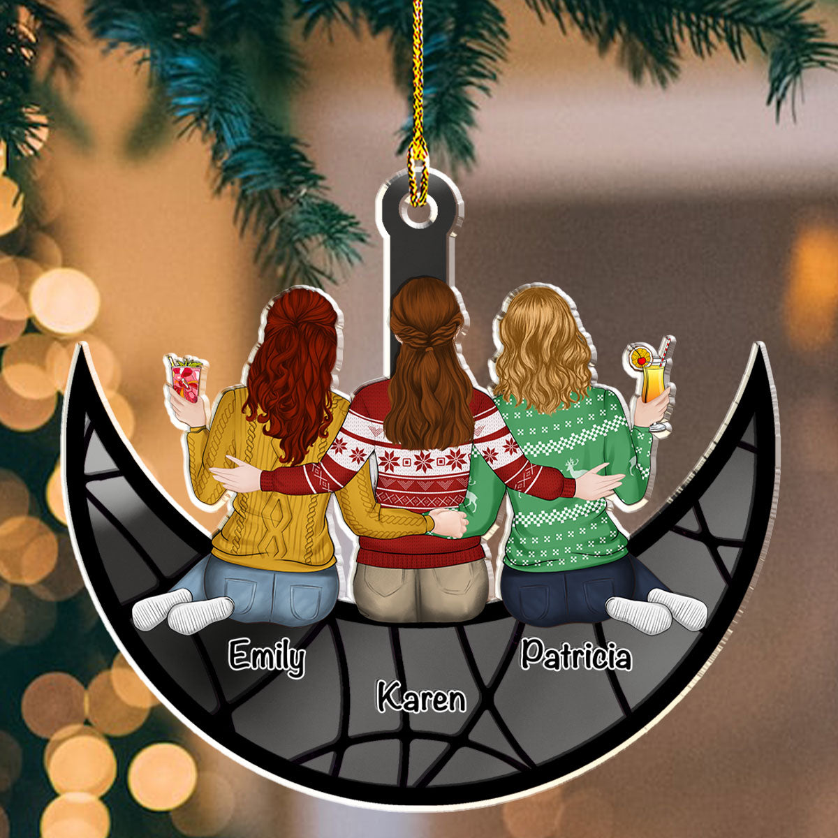 Besties Sitting On The Moon - Personalized Custom Mirrored Acrylic Ornament