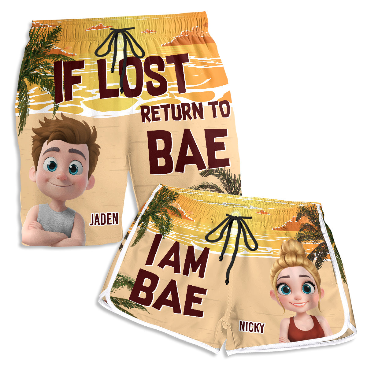 Lost In The Sunshine - Personalized Custom Couple Beach Shorts
