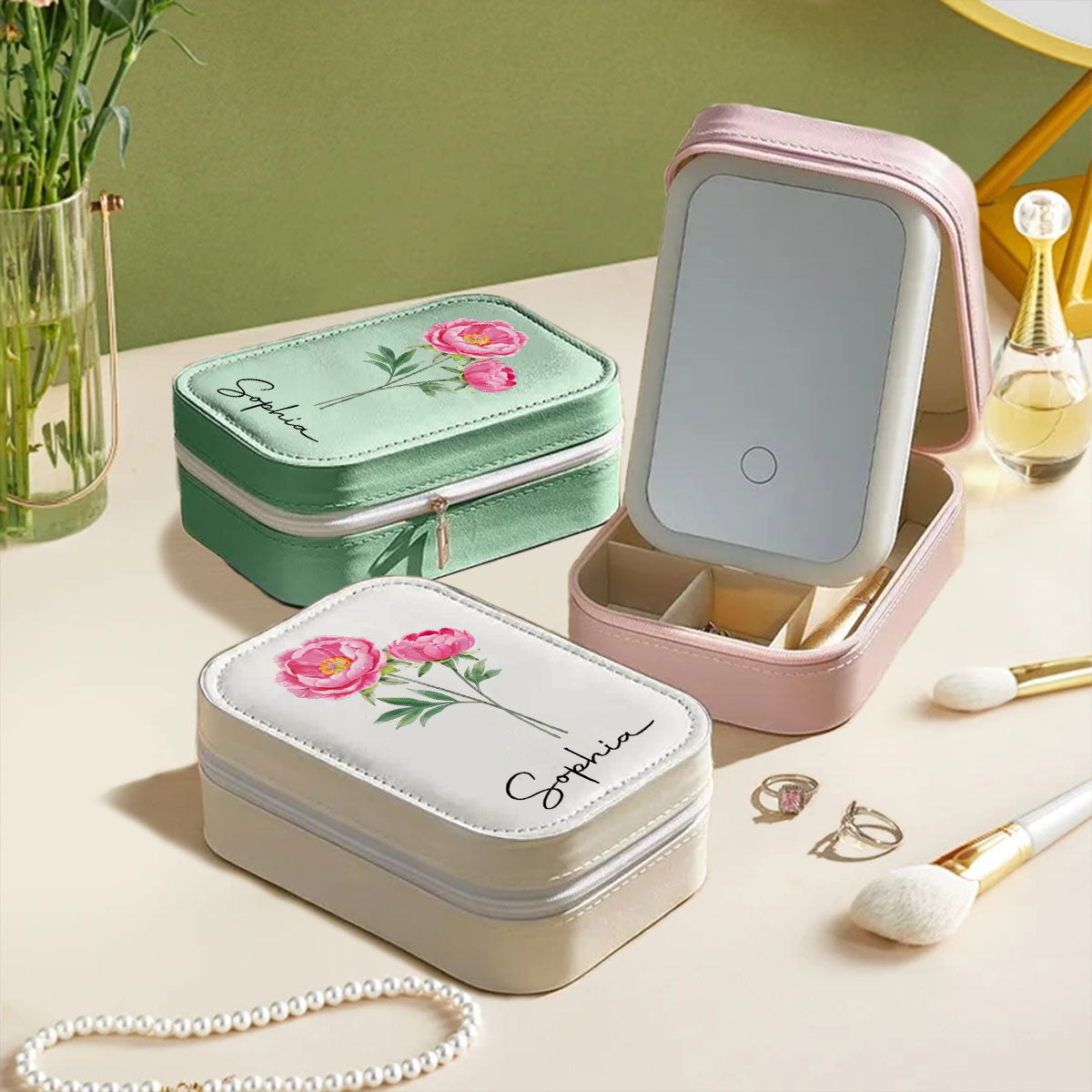 Birth Month Flower Version 2 - Personalized Custom Jewelry Box With LED Mirror