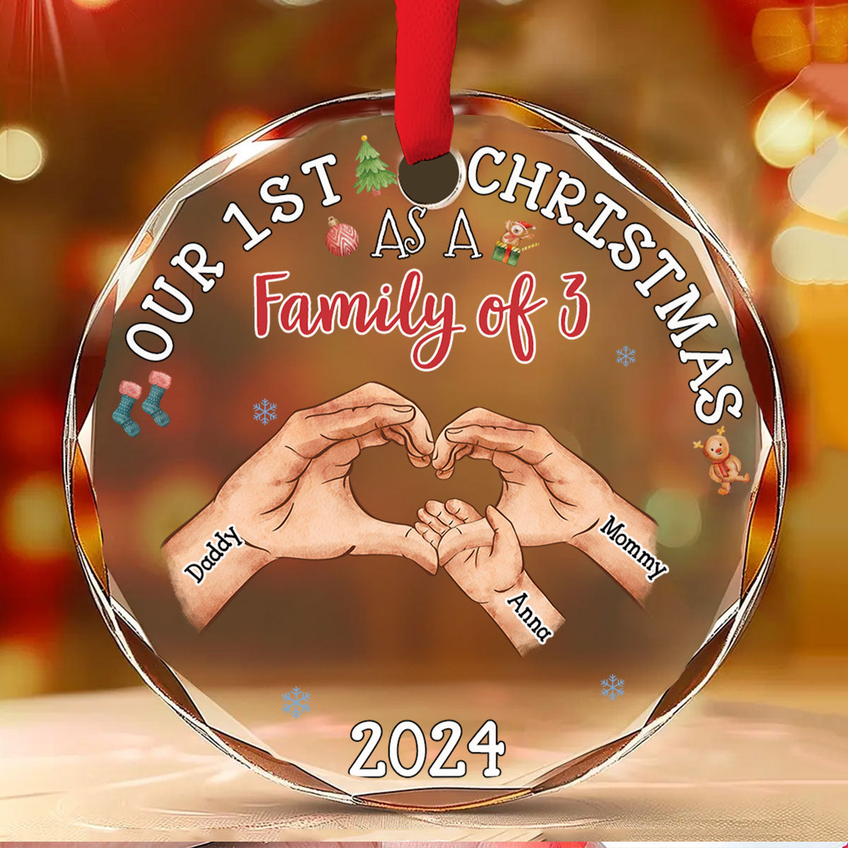 Family Of Three - Personalized Custom Glass Ornament