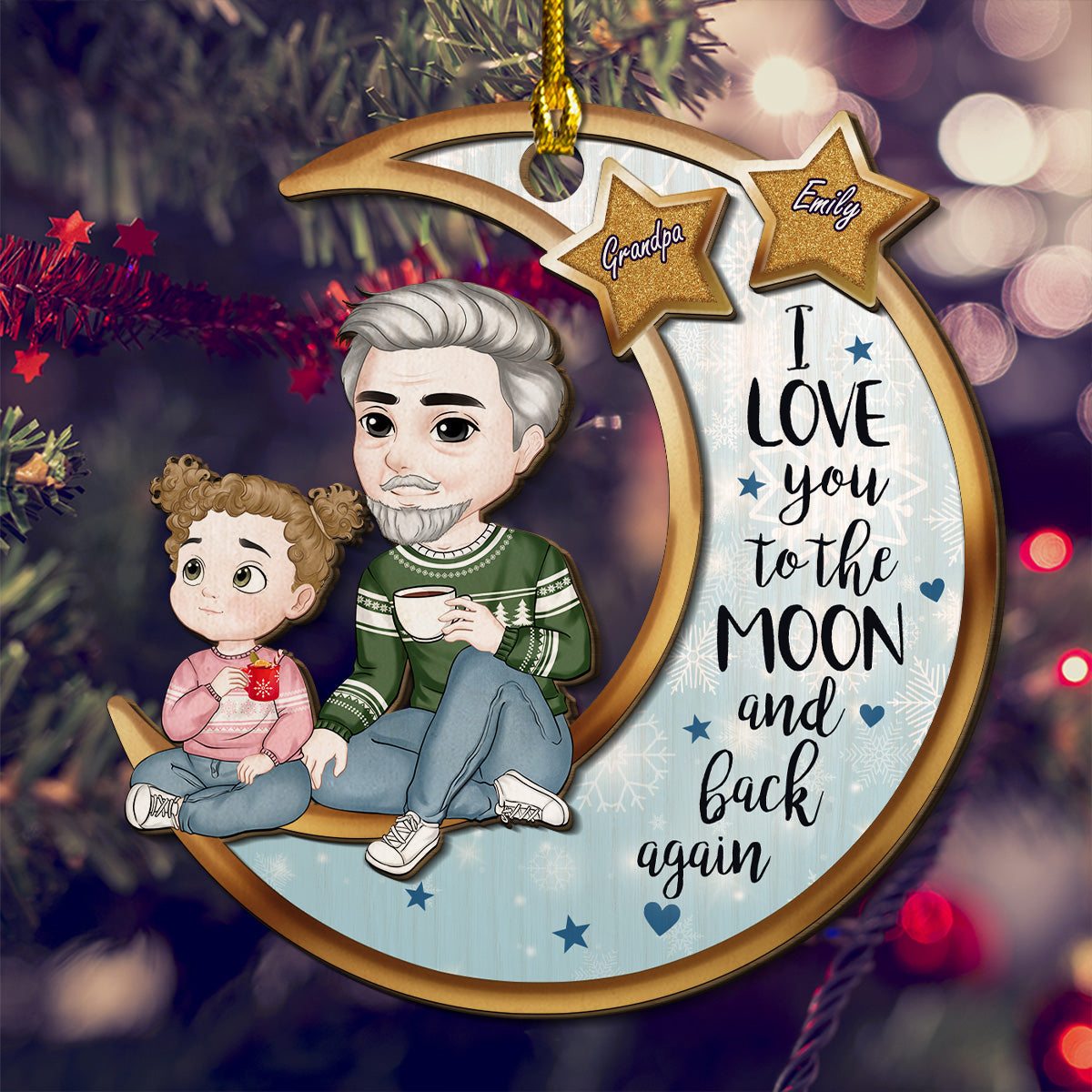 Grandparents And Grandkid On The Moon - Personalized Custom 2-Layered Wood Ornament