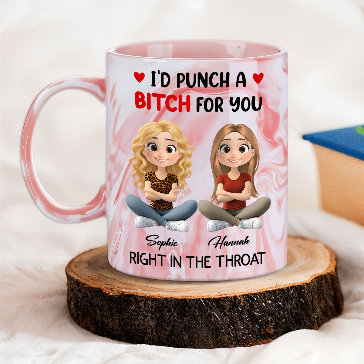 I Punch A Bitch For You My Friend Chibi Cartoon - Personalized Custom Pink Marble Mug