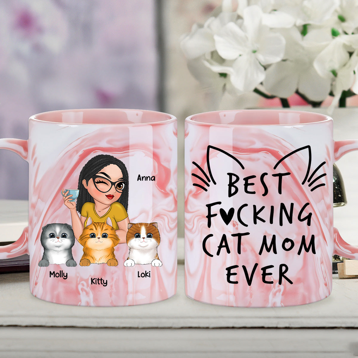 Best Cat Mom Ever - Personalized Custom Pink Marble Mug