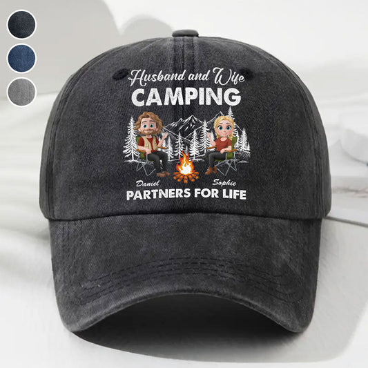 Husband And Wife Camping Life - Personalized Custom Vintage Washed Denim Cap