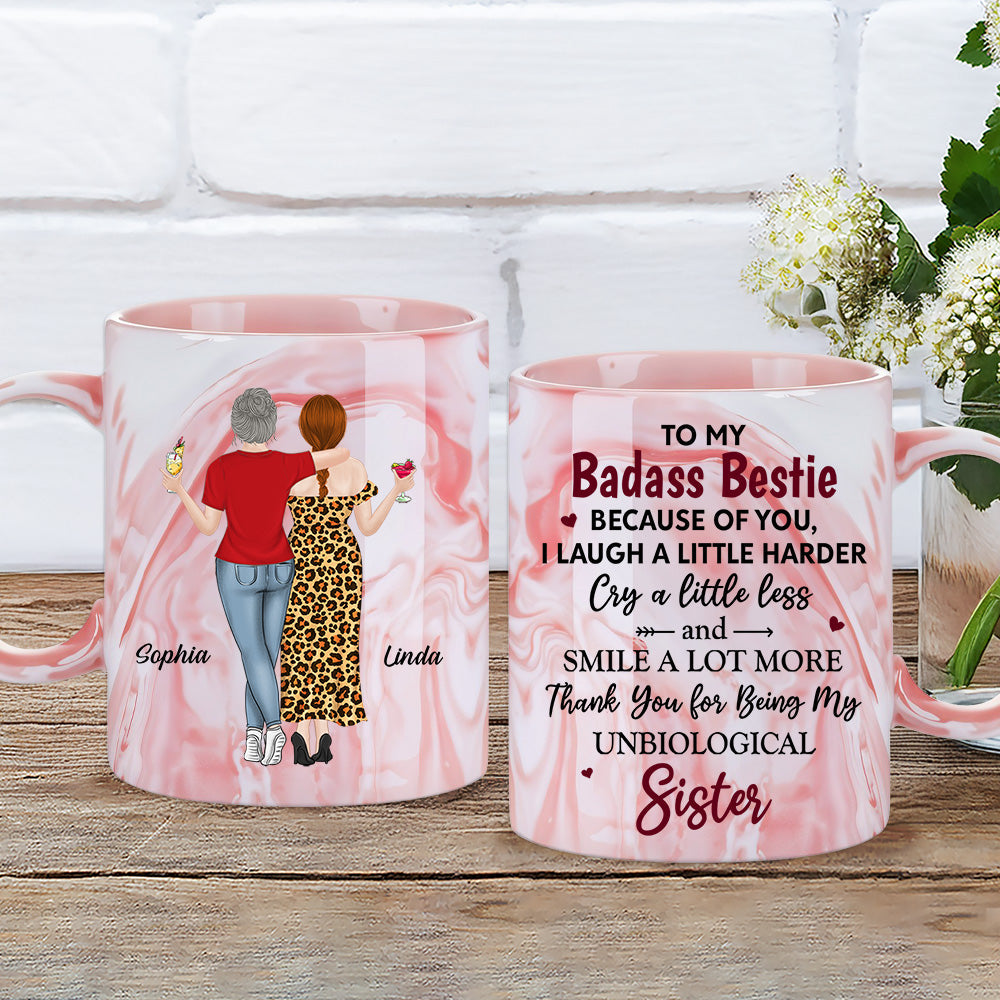 Because Of You I Laugh A Little Harder - Personalized Custom Pink Marble Mug