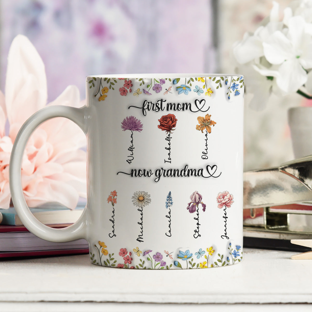 First Mom Now Grandma Birth Flower - Personalized Custom 3D Inflated Effect Mug