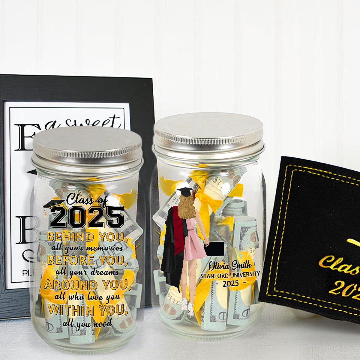 Behind You  All Your Memories - Personalized Custom Graduation Mason Jar Light