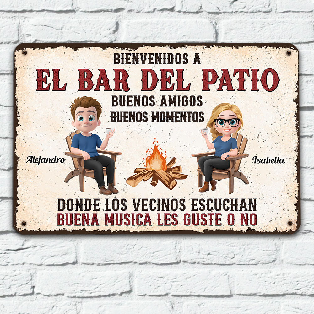 Parrillada en el patio y buena música â€?Letrero metálico personalizado