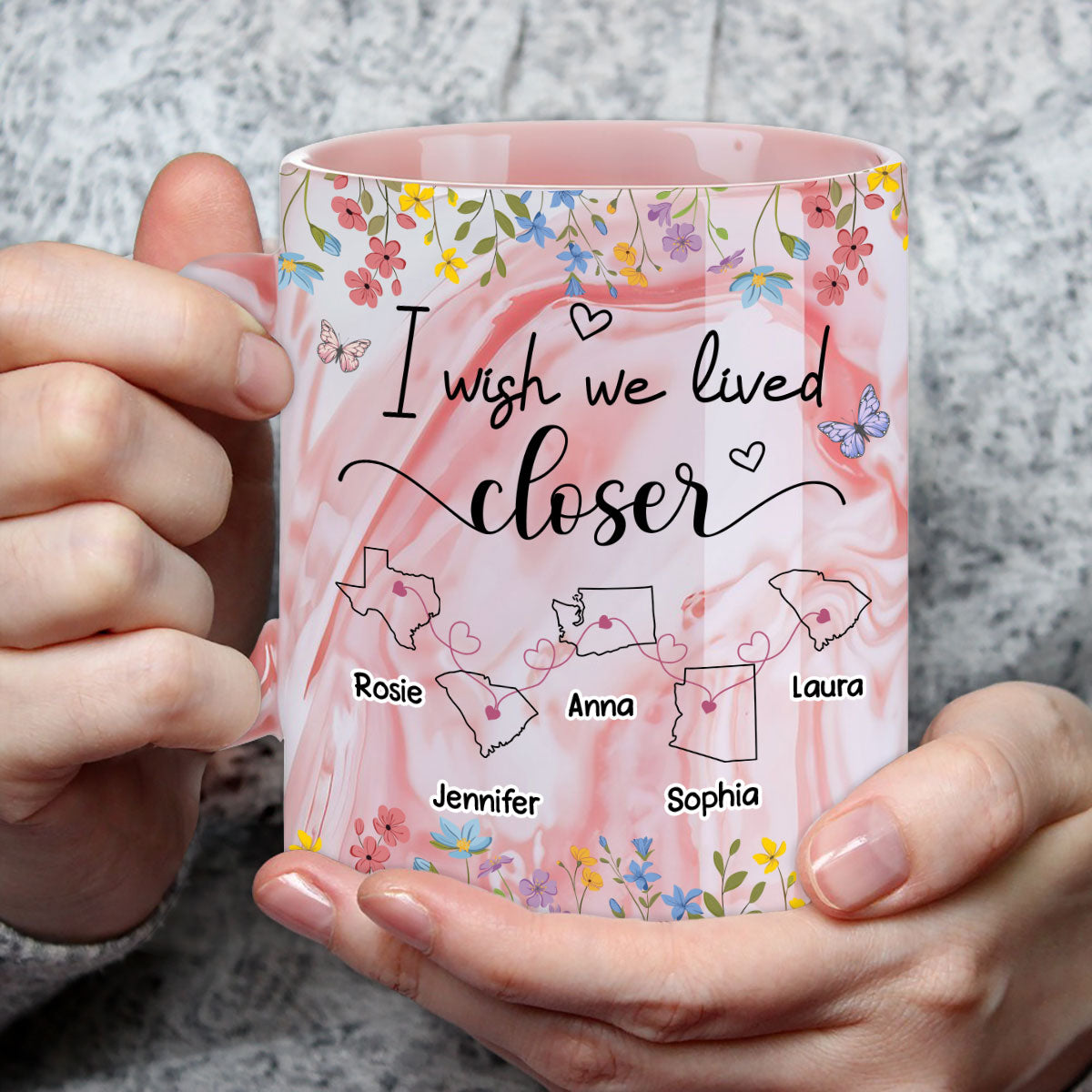 I Wish We Lived Closer Floral Version - Personalized Custom Pink Marble Mug