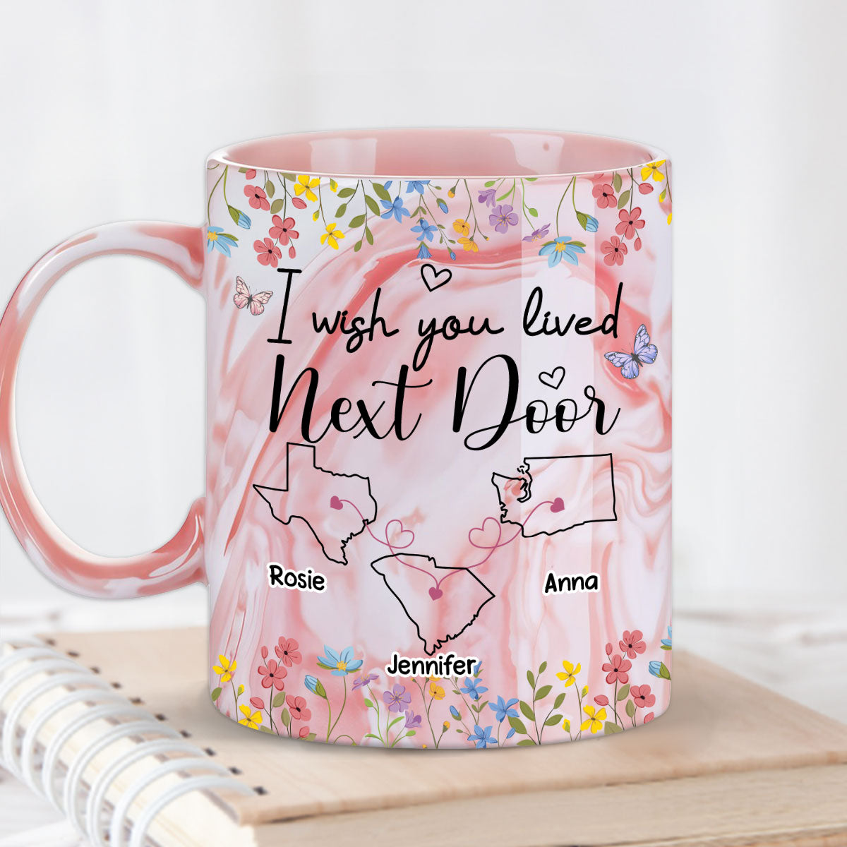 I Wish We Lived Closer Floral Version - Personalized Custom Pink Marble Mug