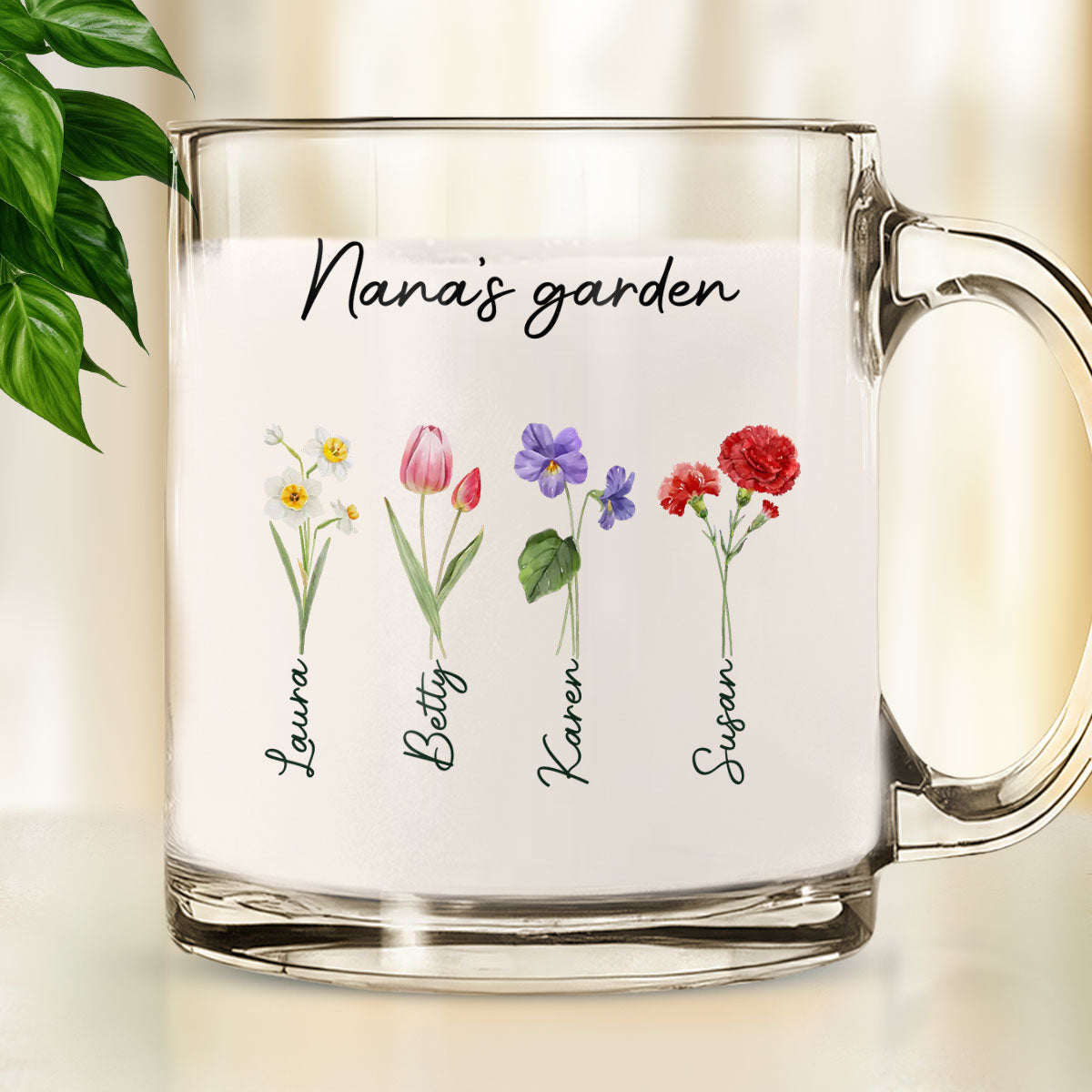 Grandmas Garden With Birth Month Flowers - Personalized Custom Glass Mug