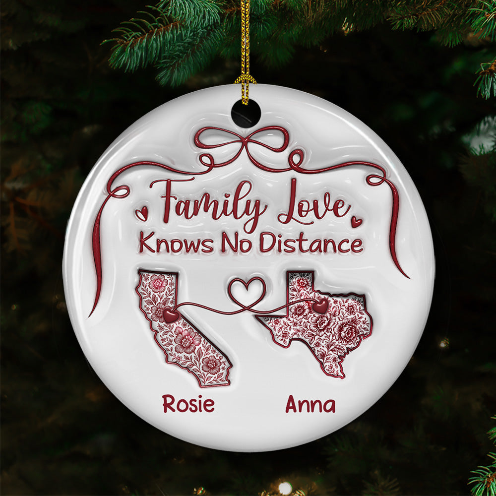 Family Love Knows No Distance Toile De Jouy - Personalized Custom 3D Inflated Effect Ceramic Ornament