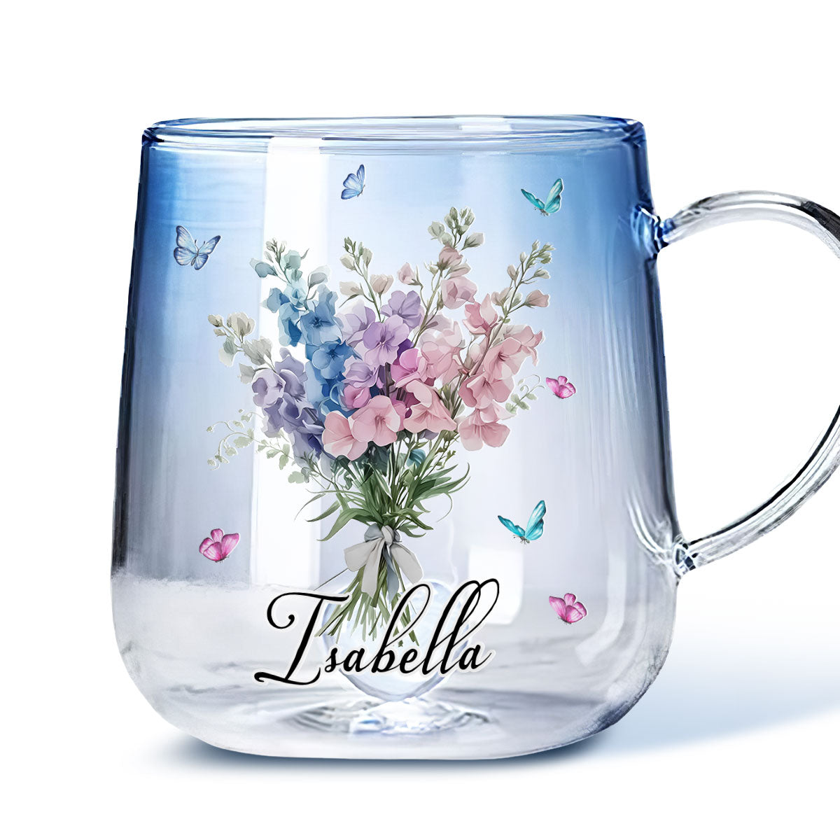 Birthmonth Flower With Name - Personalized Custom Blue Gradient Glass Mug