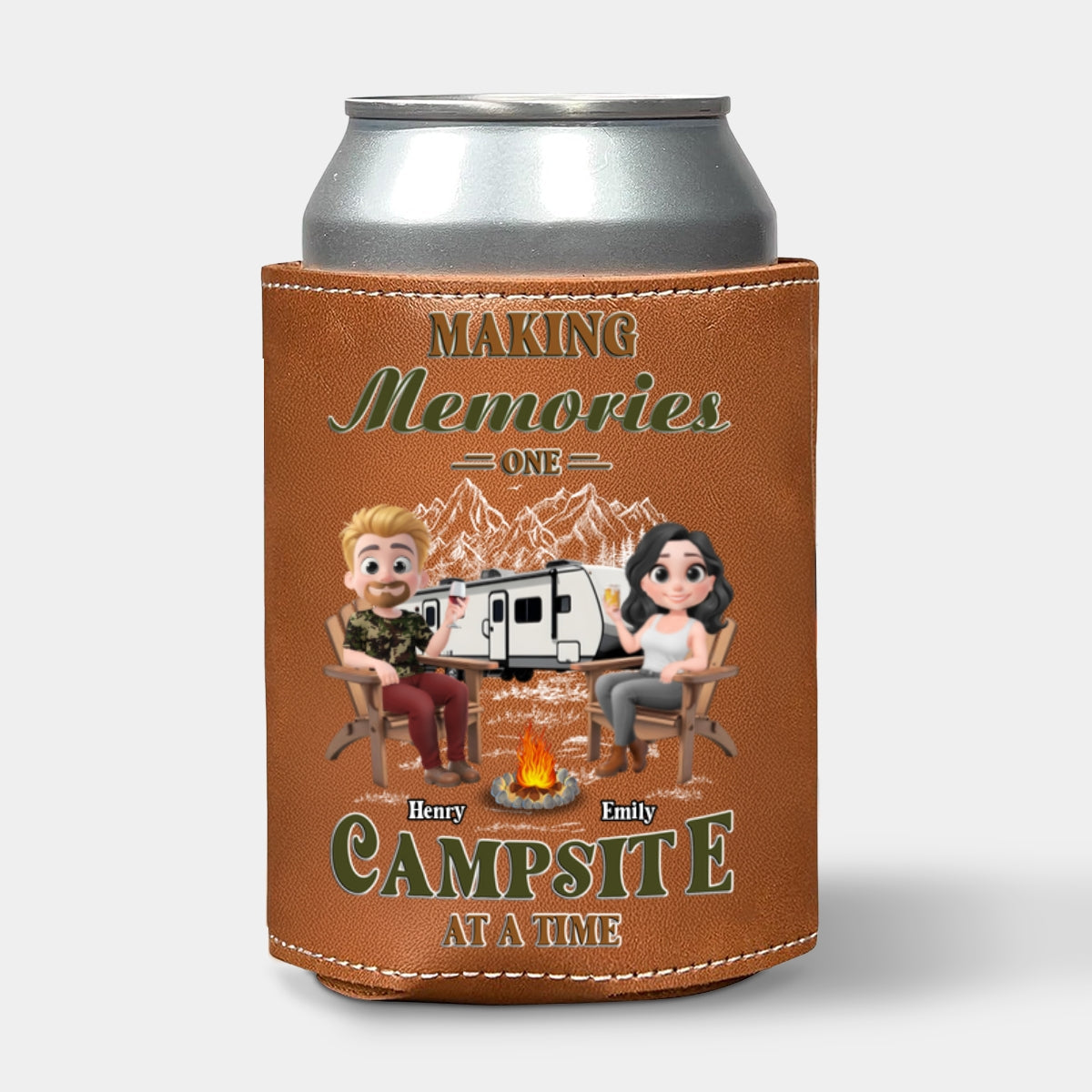 Memories At Campsite - Personalized Custom Leather Can Cooler Holder
