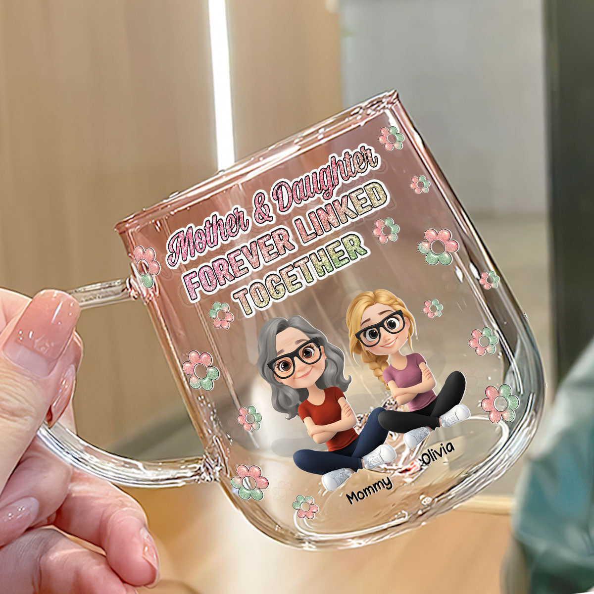 Mother And Daughter Linked Forever Cartoonize - Personalized Custom Pink Gradient Glass Mug