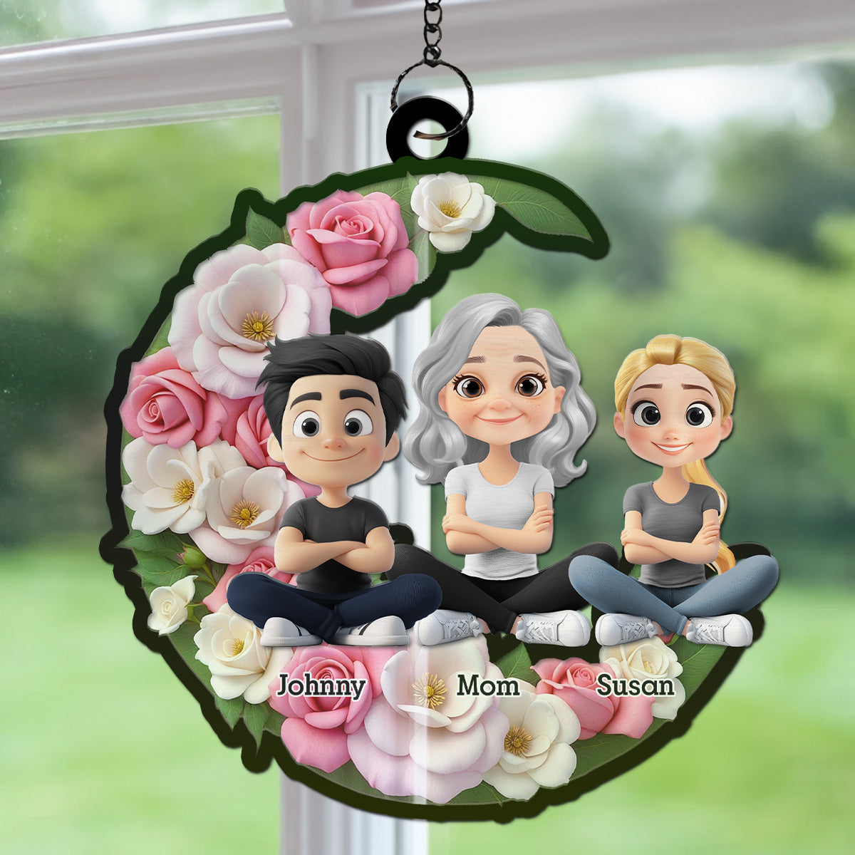 Mom And Children Sitting Together - Personalized Custom Suncatcher
