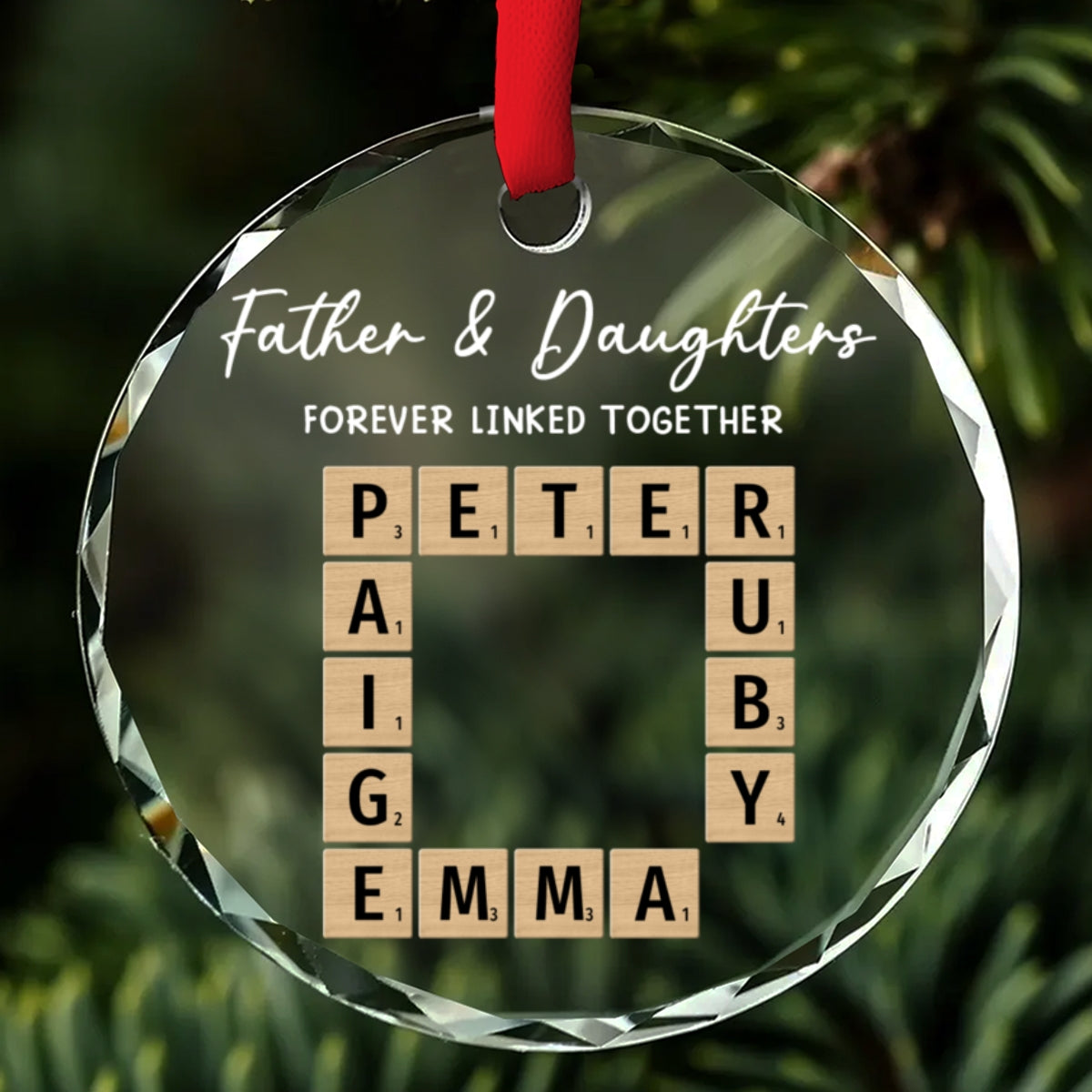 Father With Daughters Linked By Love - Personalized Custom Glass Ornament