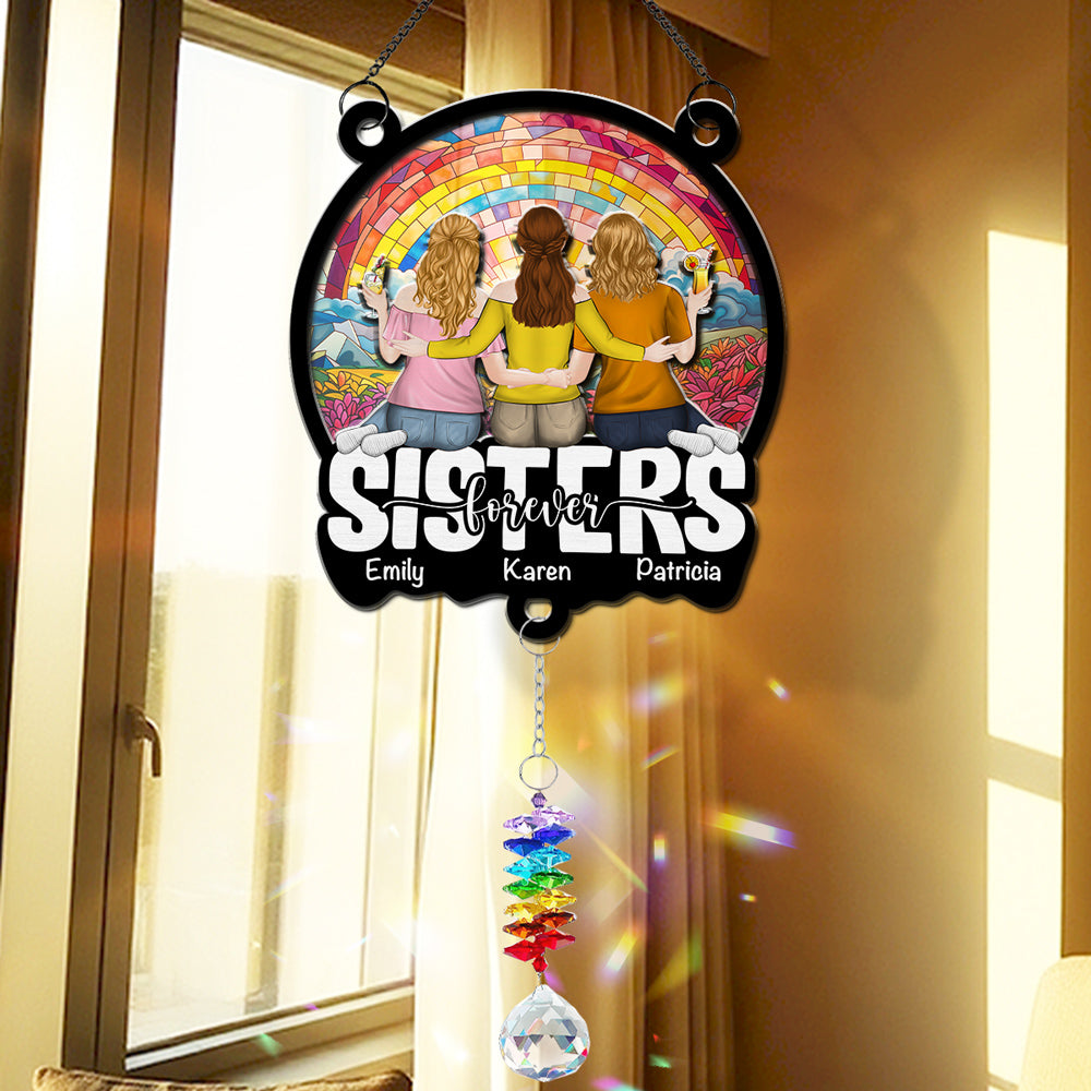 Besties Sitting Together - Personalized Custom Suncatcher With Crystal Rainbow Charm
