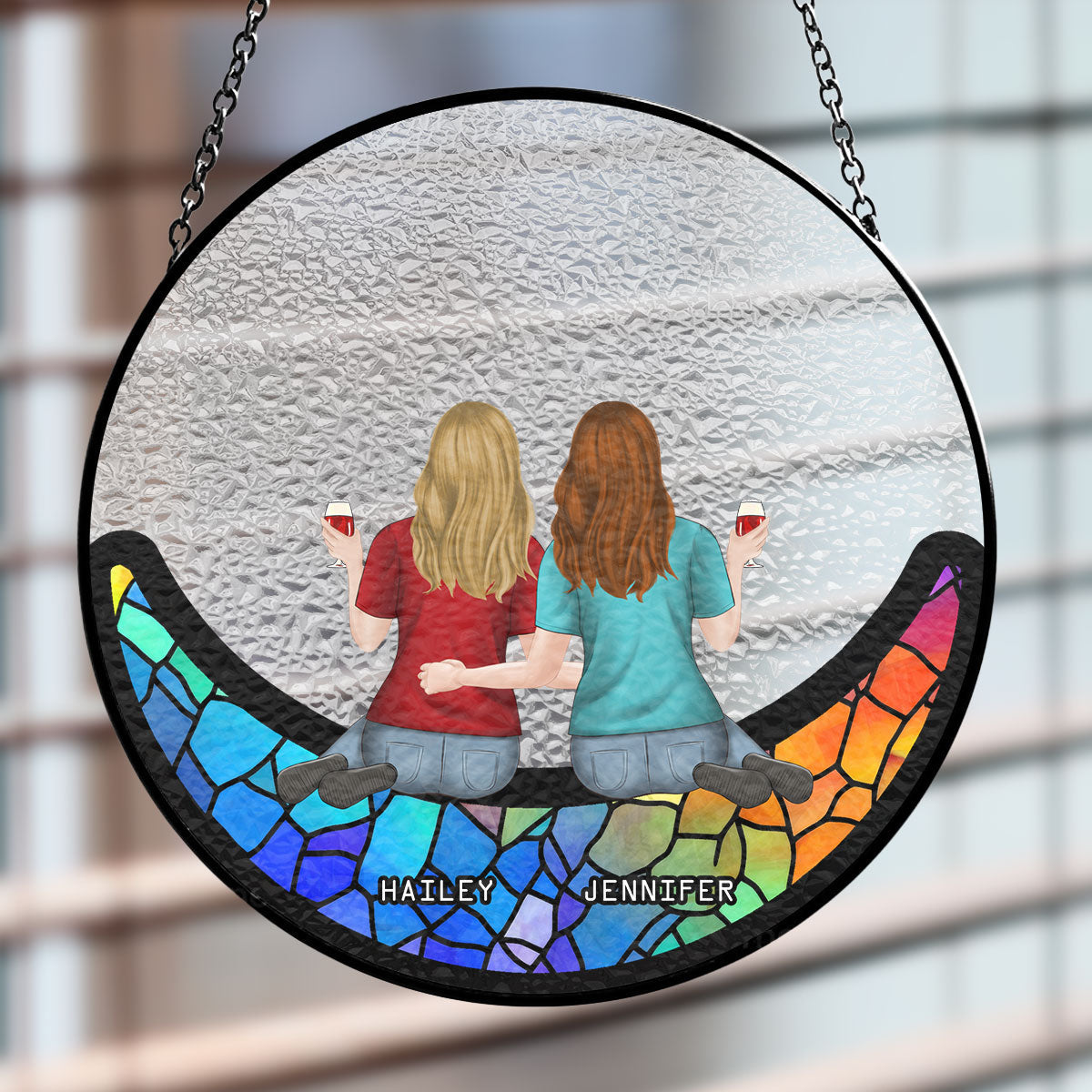 Friends Sitting On The Moon - Personalized Custom Window Hanging Suncatcher