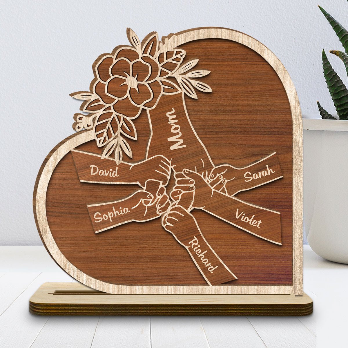 Mom Hold Our Hand And Our Heart - Personalized Custom 2-Layer Wood Plaque With Flat Base