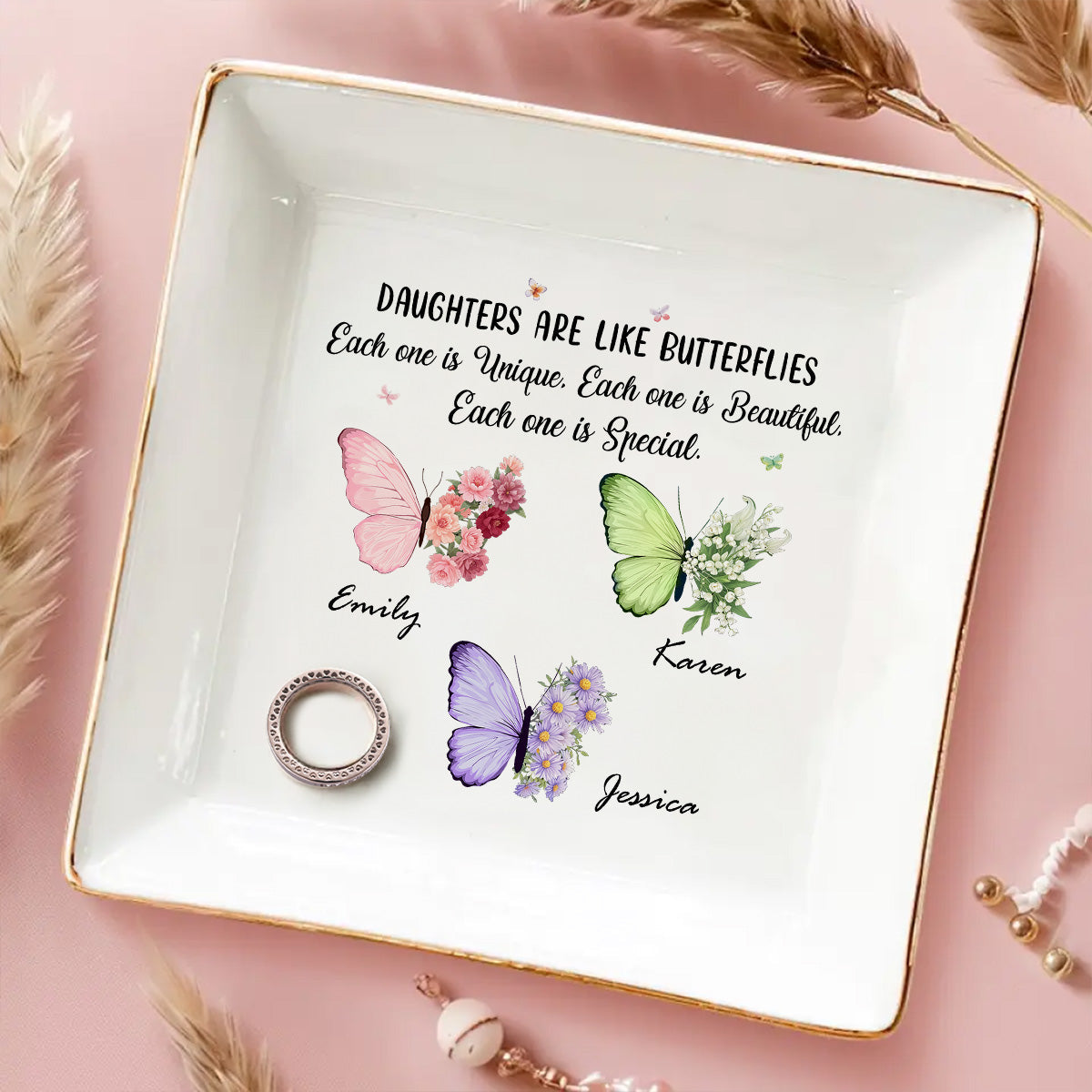 Butterflies Flutter Daughters Shine - Personalized Custom Jewelry Dish