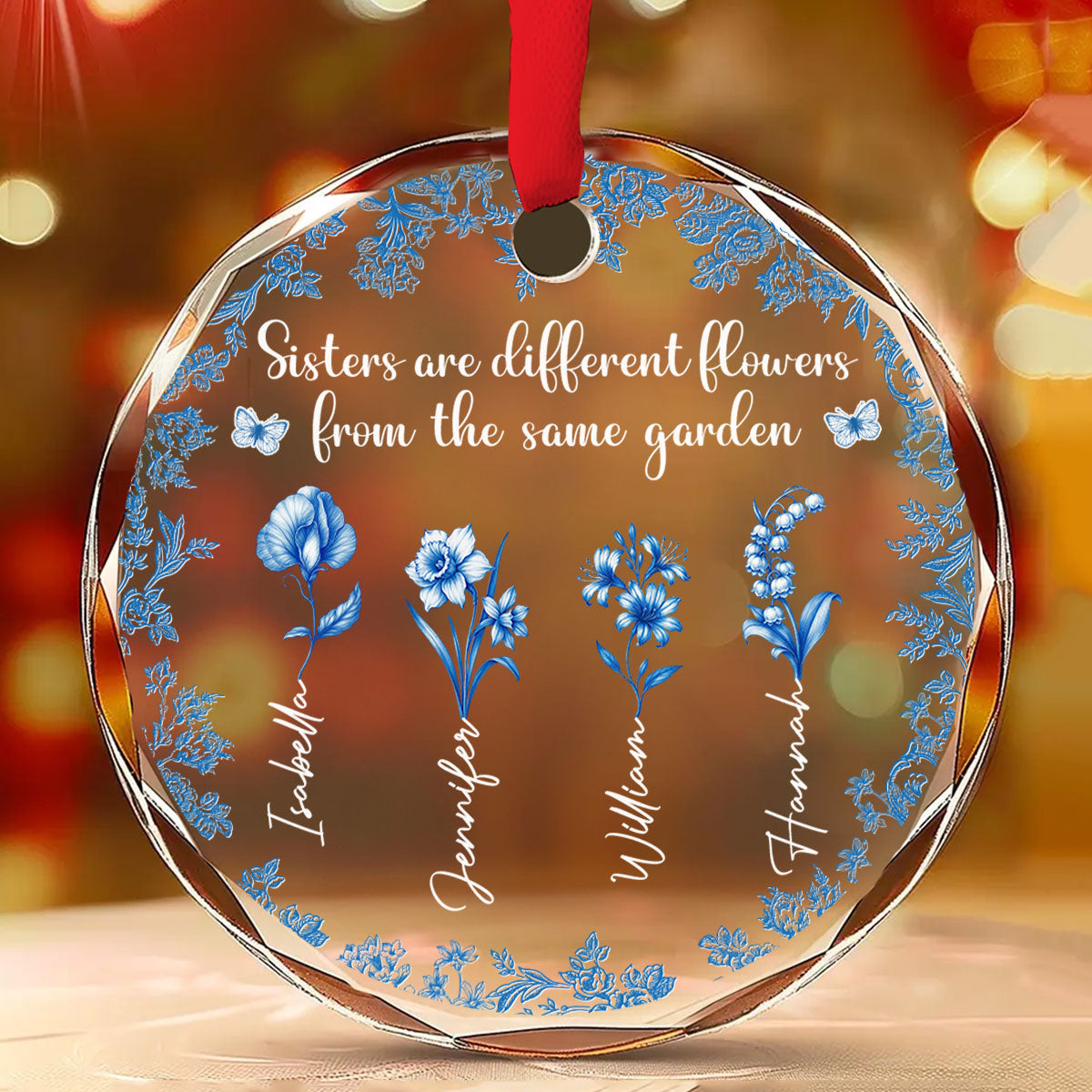 Bestie Flowers Toile De Jouy Style - Personalized Custom Glass Ornament