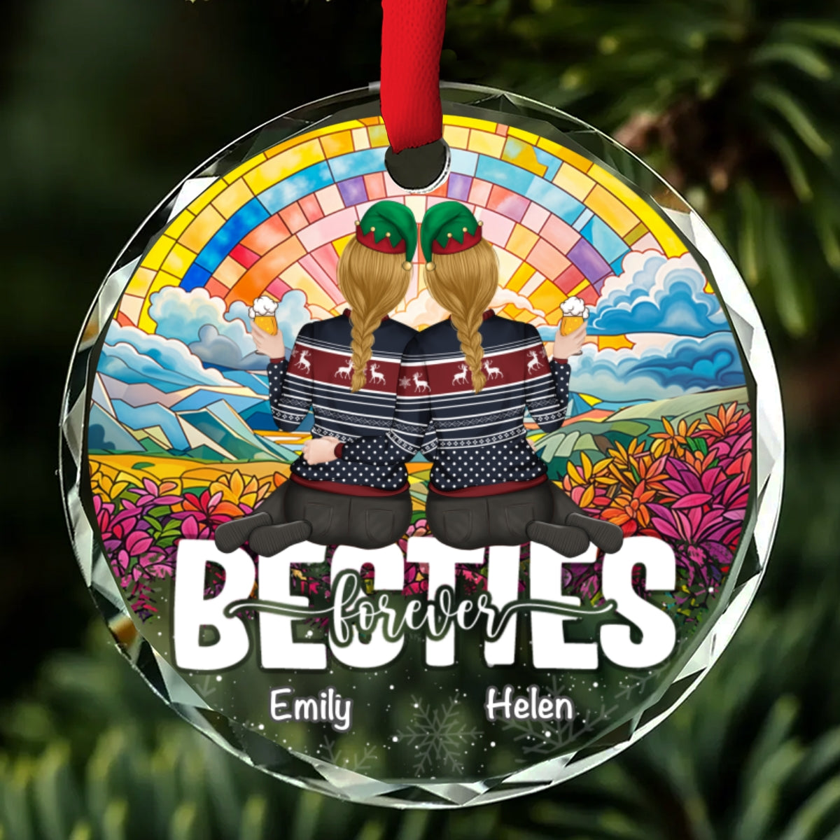 Besties Sitting Christmas - Personalized Custom Glass Ornament