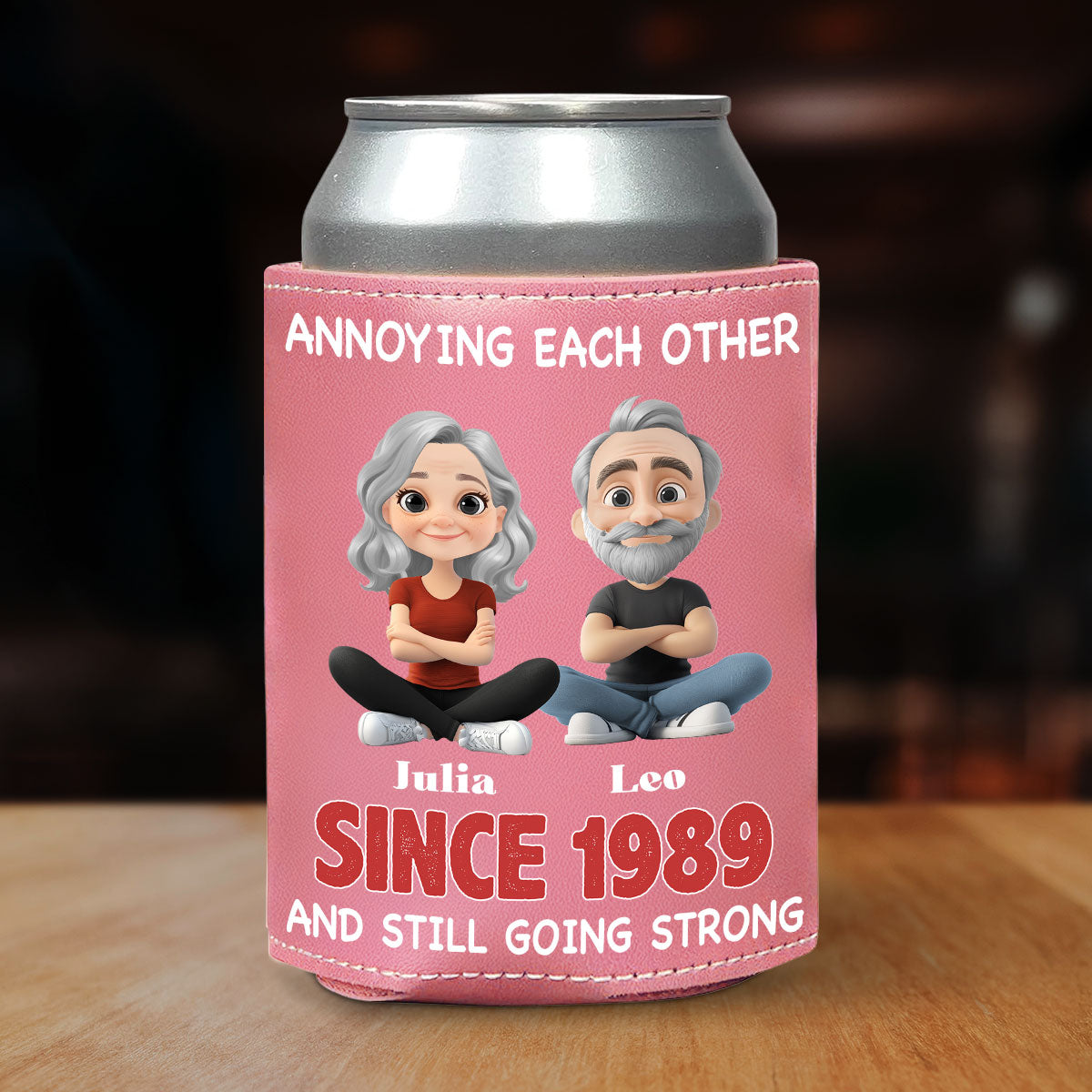 Forever In Love - Personalized Custom Pink Leather Can Cooler Holder