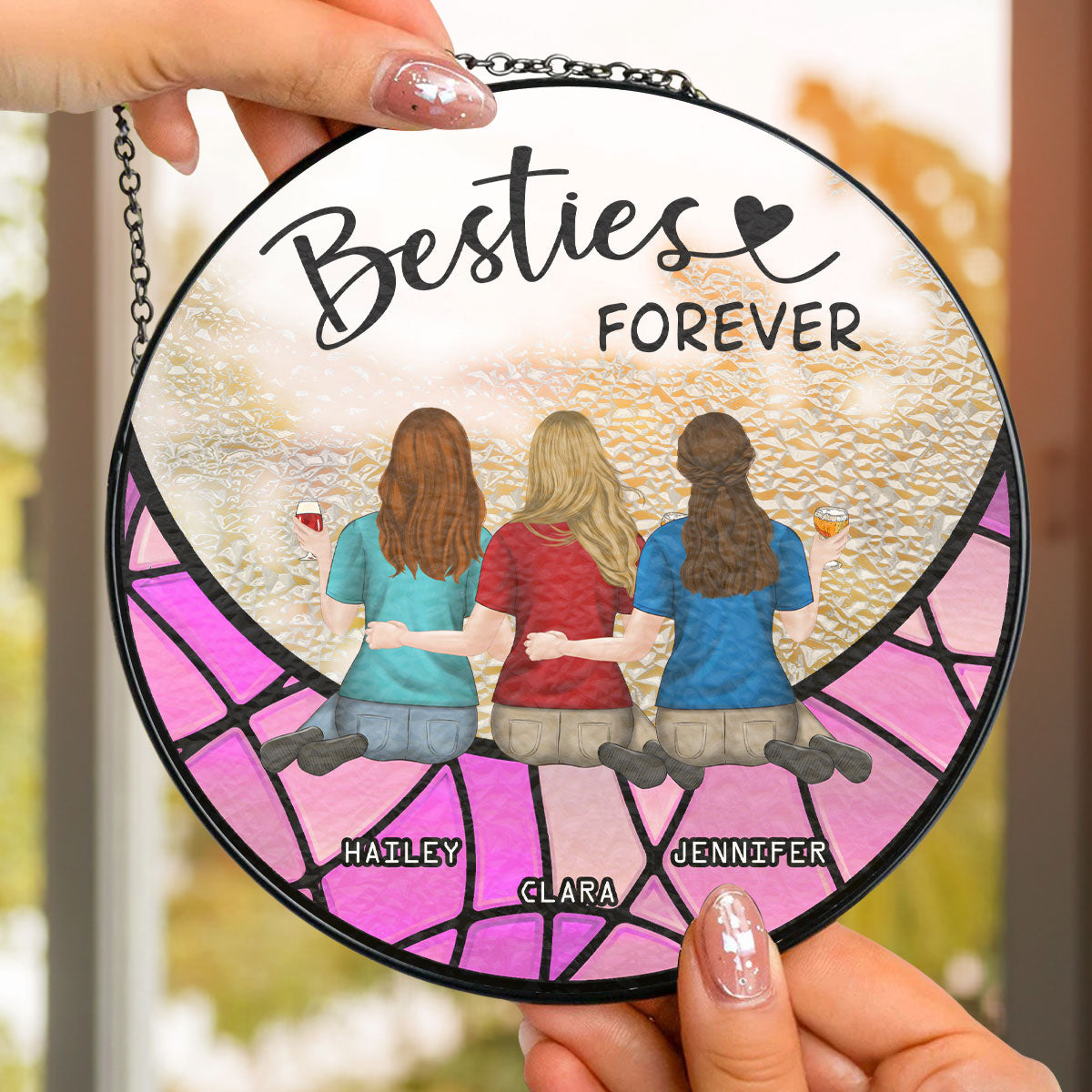 Friends Sitting On The Moon Version 2 - Personalized Custom Window Hanging Suncatcher