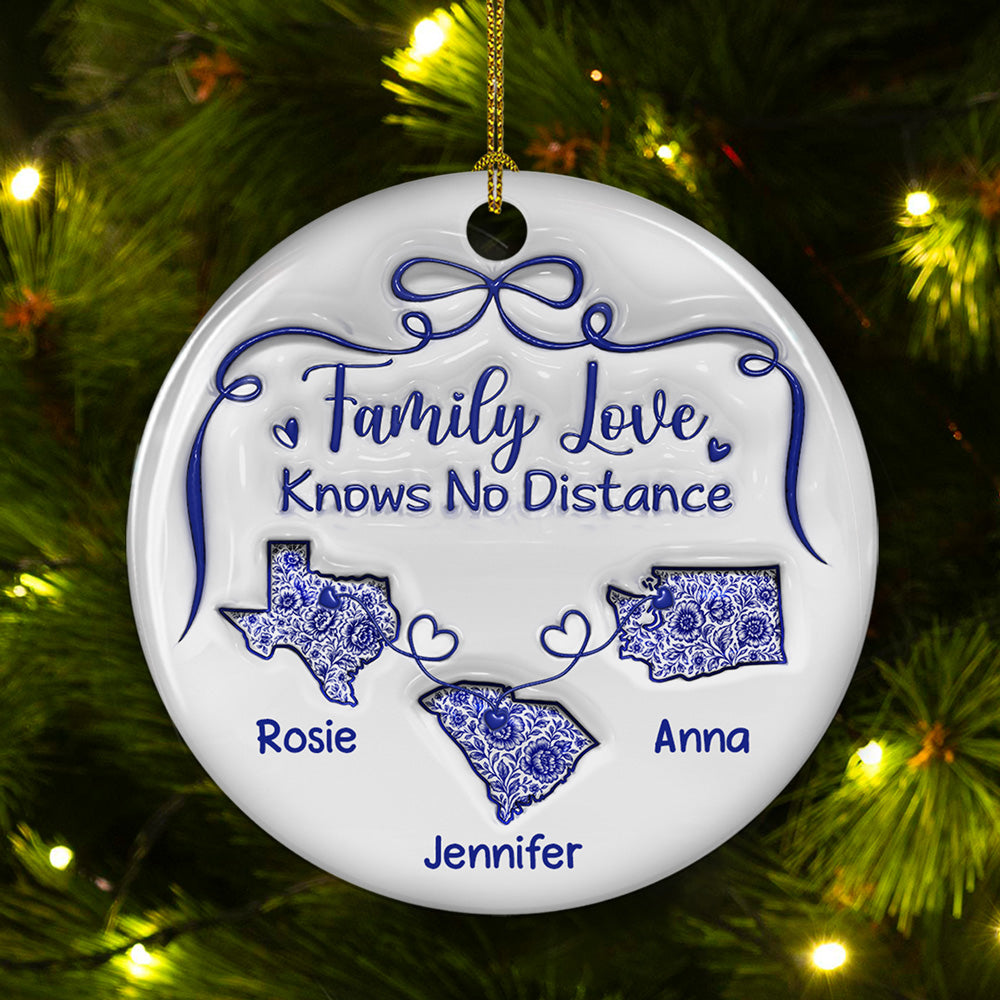 Family Love Knows No Distance Toile De Jouy - Personalized Custom 3D Inflated Effect Ceramic Ornament