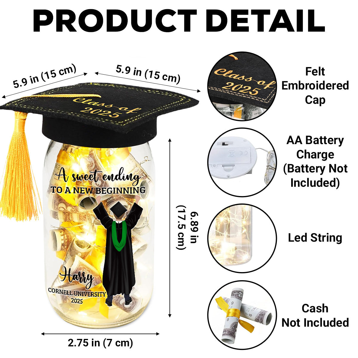 A Sweet Ending To A New Beginning - Personalized Custom Graduation Mason Jar Light