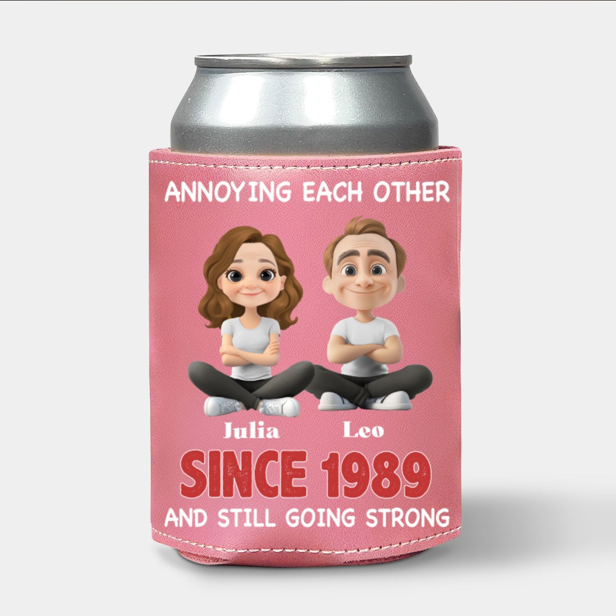 Forever In Love - Personalized Custom Pink Leather Can Cooler Holder