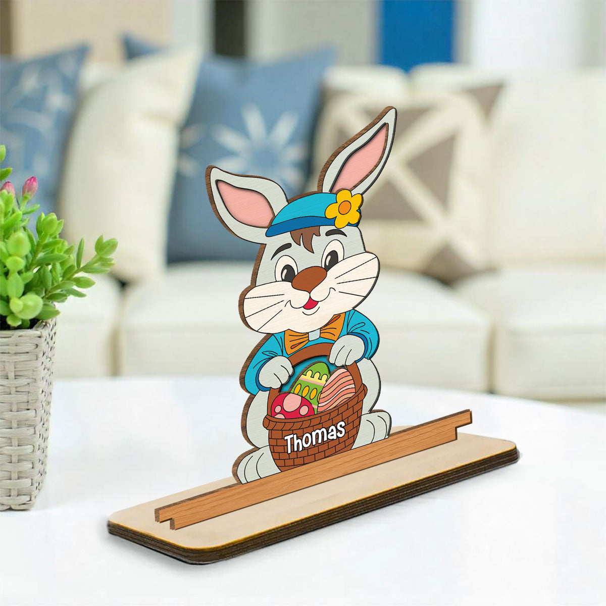 Spring Bunny Surprise - Personalized Custom 2-Layer Wood Plaque With Flat Base