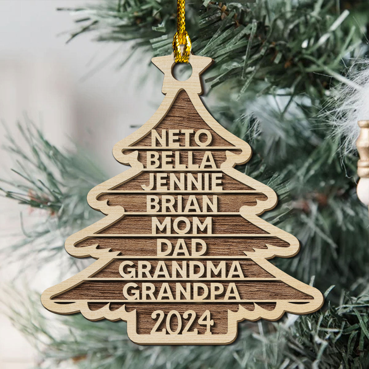 Family Name Christmas Tree - Personalized Custom 2-layered Wood Ornament