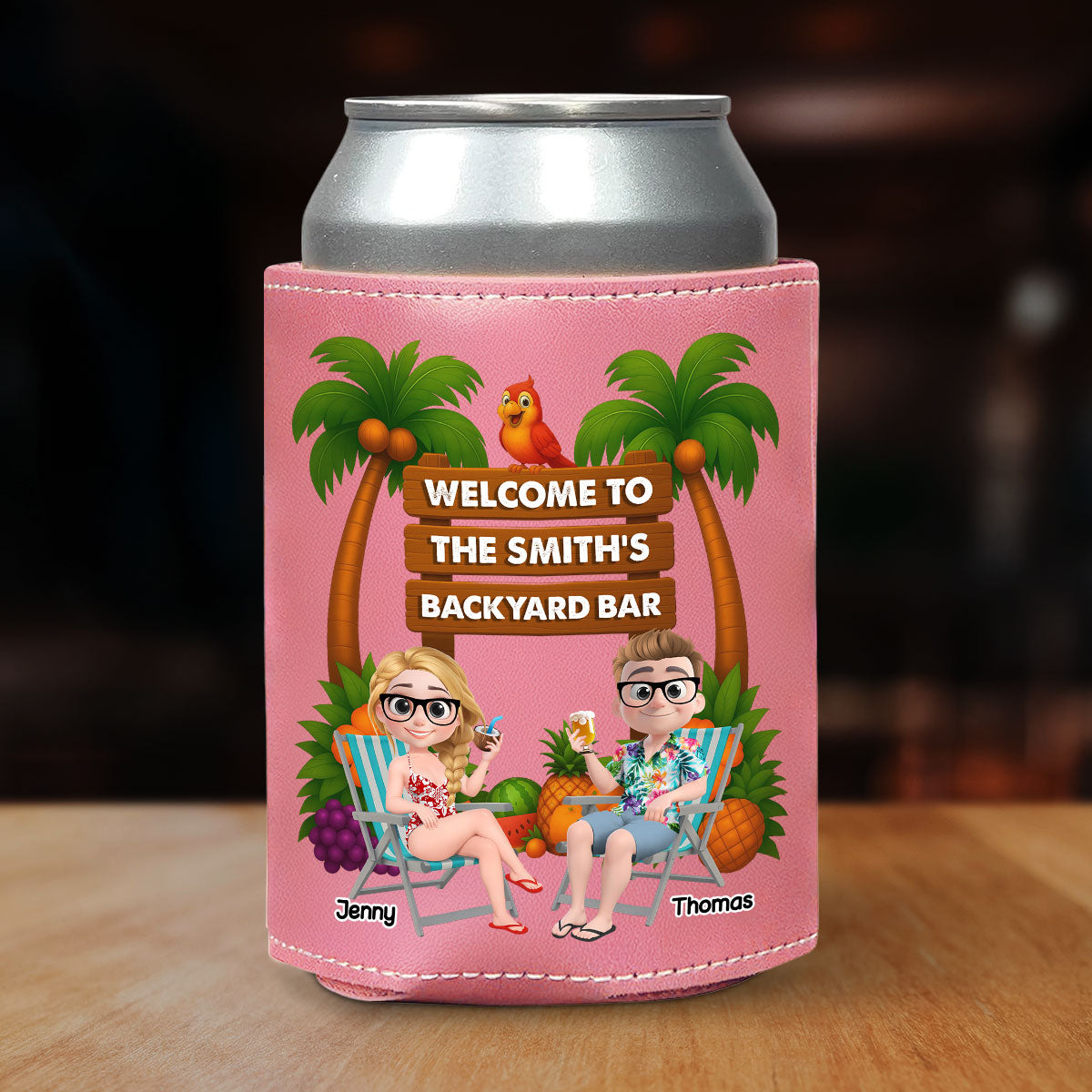 Welcome To Our Tiki Bar - Personalized Custom Pink Leather Can Cooler Holder